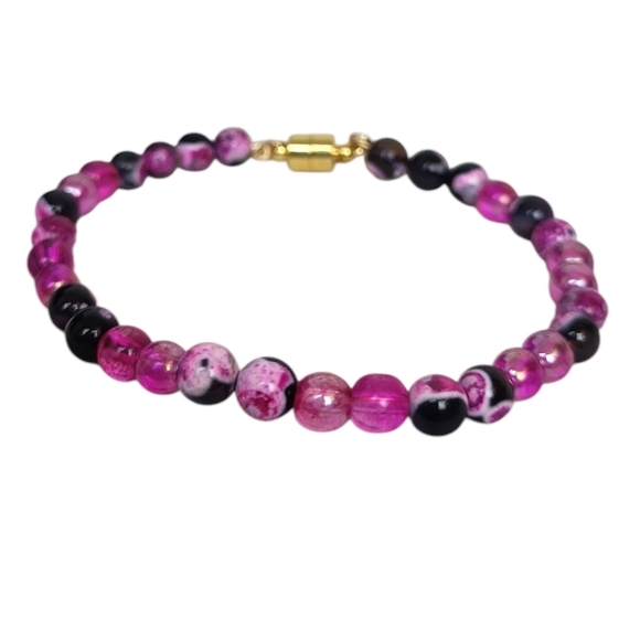 Pink Black Magenta Lace Agate Glass Beaded Magnetic Bracelet - Picture 4 of 4